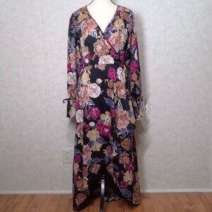 NWT Hand of The Free Maxi Dress Black Berry Floral V Neck&Back High/Low SzLarge
